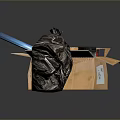 Open Cardboard Box with Nike Box Black Trash Bag on Cracked Mat