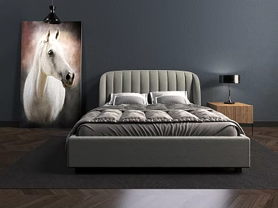 Comfortable Double Bed With Padded Headboard Gray Bedding Nightstand Table Lamp And White Horse Painting 3d model