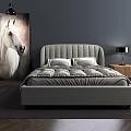 Comfortable Double Bed With Padded Headboard Gray Bedding Nightstand Table Lamp And White Horse Painting