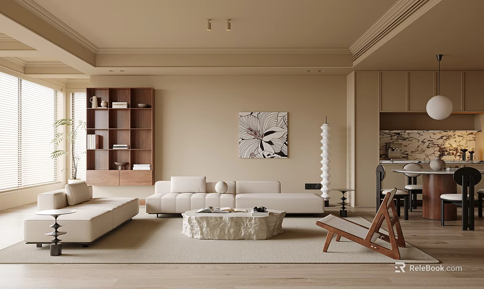 Minimalist Modern Living And Dining Room Design With Sofa Bookcase 3d model 