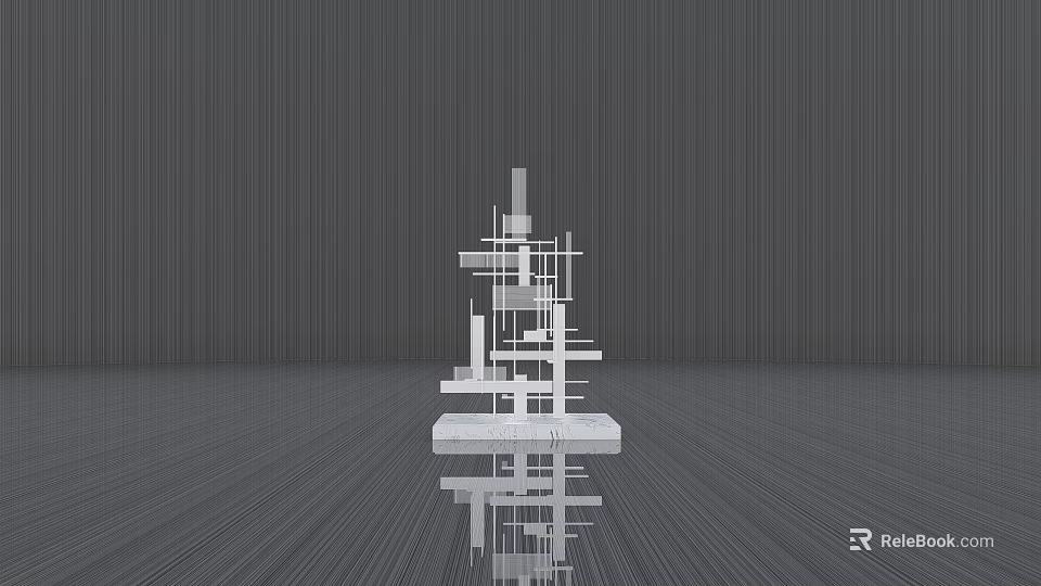 Abstract Metallic Sculpture Featuring Interlocking Geometric Shapes On Gray Background With Reflection 3d model 