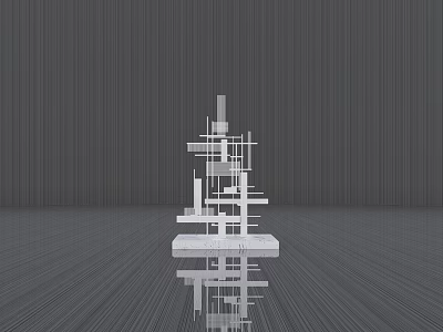 Abstract Metallic Sculpture Featuring Interlocking Geometric Shapes On Gray Background With Reflection 3d model
