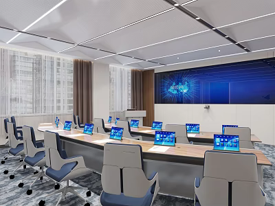 Modern Monitoring Room With Long Desk Multiple Laptops And Large Screen 3d model