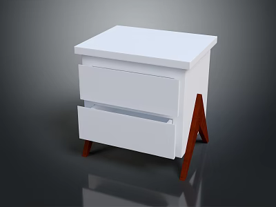 Minimalist White Bedside Table With Two Drawers And Wooden Legs Design 3d model