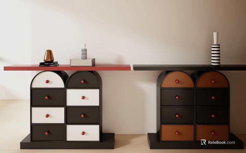 Modern Black White and Brown Dressers with Red Round Knobs and Decorative Items 3d model
