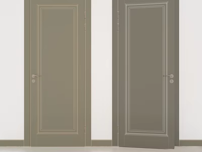 Modern Interior Hinged Doors With Gray Wooden Finish And Metal Handles And Frame 3d model