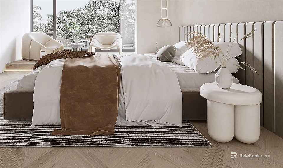 Modern Bedroom Interior With White Bed Brown Blanket And Round Nightstand 3d model 