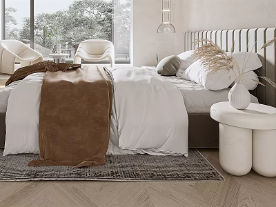 Modern Bedroom Interior With White Bed Brown Blanket And Round Nightstand 3d model