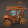 Vintage Steampunk Car Design With Wooden Metallic Body Geared Wheels Chimney And Glass Windows