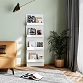 Modern Storage Shelf in Living Room with Books Decorative Items Green Plant and Sofa