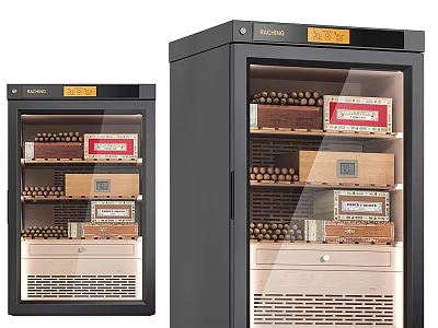 Black Glass Door Wine Cabinet With Cigar Boxes And Wooden Storage Racks 3d model