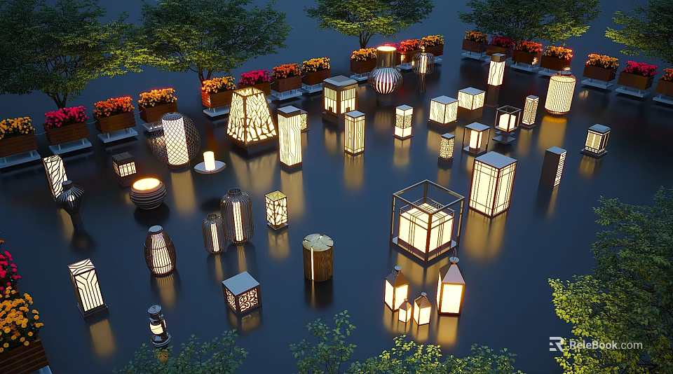 Various Styles of Illuminated Outdoor Lights in Garden With Trees and Flowers 3d model 