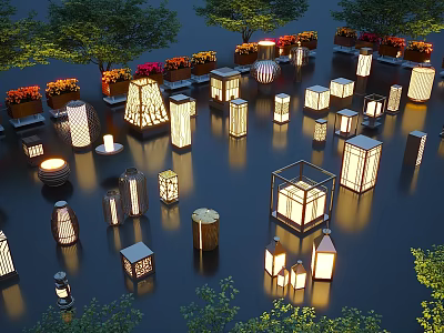 Various Styles of Illuminated Outdoor Lights in Garden With Trees and Flowers 3d model