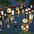 Various Styles of Illuminated Outdoor Lights in Garden With Trees and Flowers
