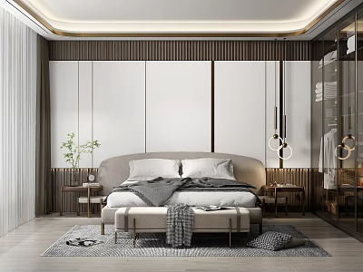 Elegant Modern Bedroom Interior With Upholstered Headboard Side Tables Hanging Lights And Area Rug 3d model