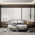 Elegant Modern Bedroom Interior With Upholstered Headboard Side Tables Hanging Lights And Area Rug