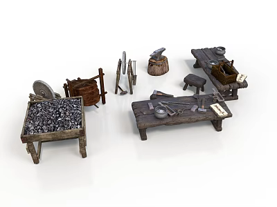 Vintage Industrial Equipment Workbenches With Hammers Anvils Metal Tools And Storage Baskets 3d model