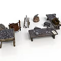 Vintage Industrial Equipment Workbenches With Hammers Anvils Metal Tools And Storage Baskets