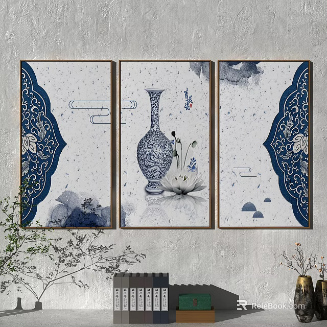 Chinese Style Triptych Wall Art With Blue White Porcelain Vase And Lotus Elements 3d model 