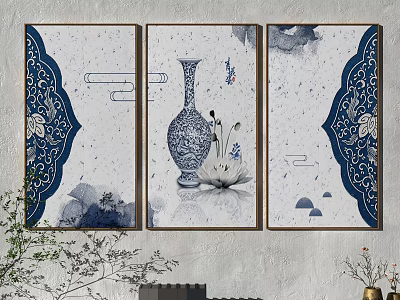 Chinese Style Triptych Wall Art With Blue White Porcelain Vase And Lotus Elements 3d model