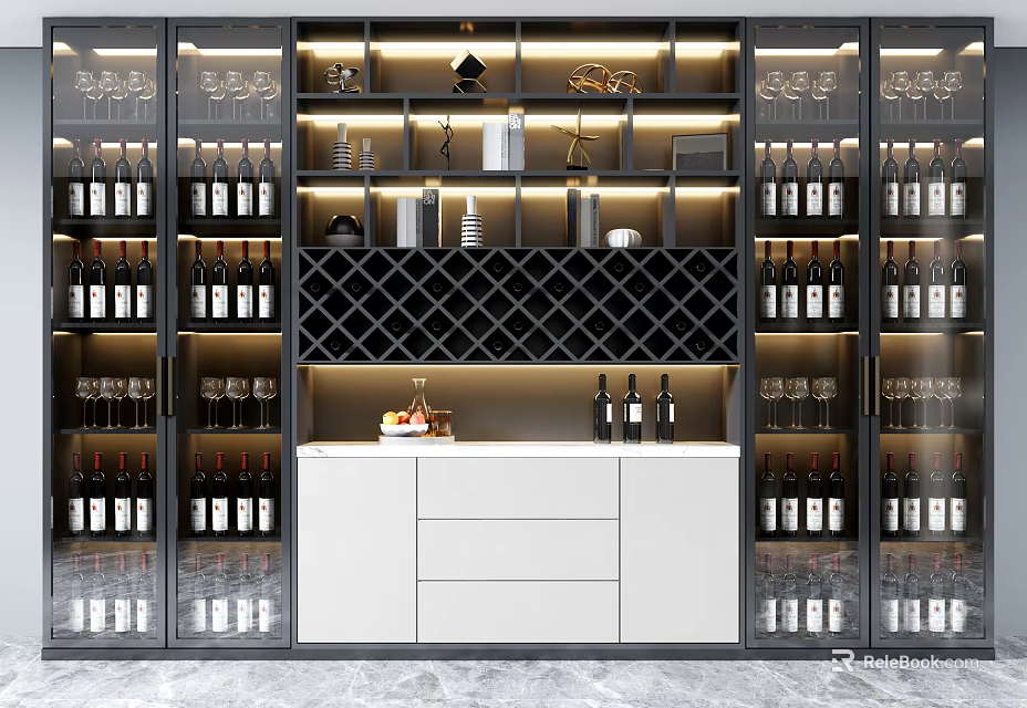 Modern Wine Cabinet With Glass Doors Diamond Pattern Wine Bottles And LED Lighting 3d model 