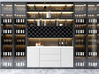 Modern Wine Cabinet With Glass Doors Diamond Pattern Wine Bottles And LED Lighting 3d model