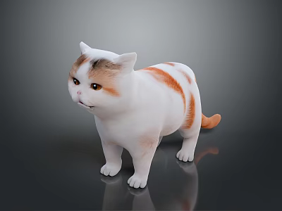 Cute White and Orange Chubby Cat in Standing Pose on Gray Background with Reflective Floor 3d model