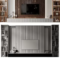Modern TV Wall Interior Design With Wooden Panels Metal Strips And Decorative Shelves