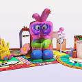 Colorful Cartoon Themed Play Space With Large Pink Rabbit Figure And Yellow Character