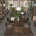 Traditional Tea House Interior With Wooden Structure Lanterns Green Plants Long Tables And Chairs