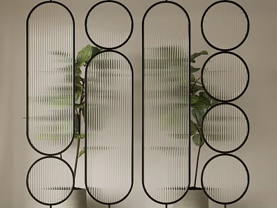 Modern Geometric Room Divider With Black Frame Glass Panels And Green Plants 3d model