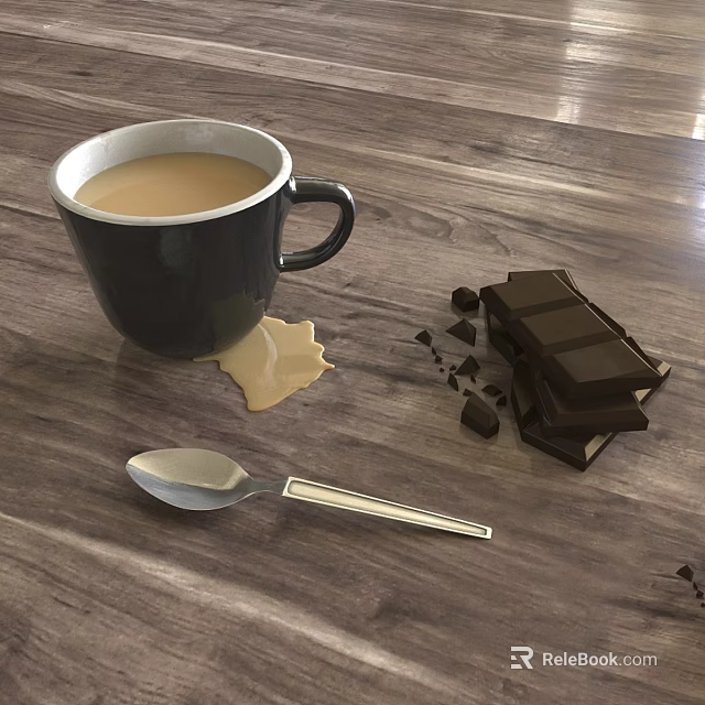 Hot Coffee In Black Mug With Spilled Stain Chocolate Pieces And Spoon On Wooden Table 3d model 