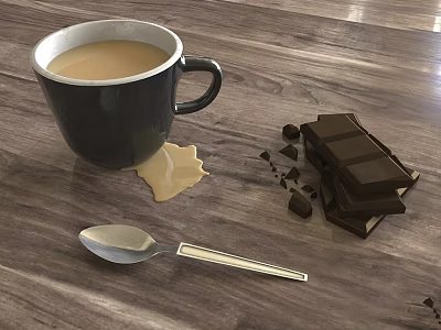 Hot Coffee In Black Mug With Spilled Stain Chocolate Pieces And Spoon On Wooden Table 3d model