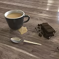 Hot Coffee In Black Mug With Spilled Stain Chocolate Pieces And Spoon On Wooden Table