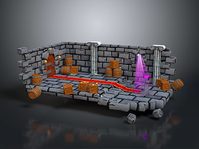 Medieval Stone Chamber Landscape with Stone Walls Columns Wooden Barrels Red Path Purple Light Beam 3d model