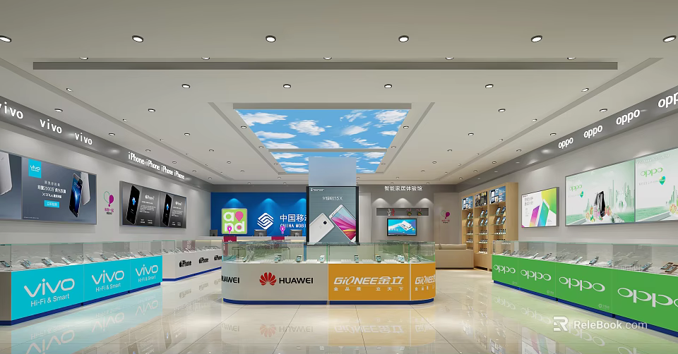 Modern Digital Store Featuring Huawei vivo OPPO MI Smartphones Display Counters Screens And Sky Ceiling 3d model 