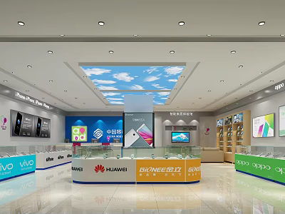 Modern Digital Store Featuring Huawei vivo OPPO MI Smartphones Display Counters Screens And Sky Ceiling 3d model