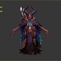 Mythical Horned Character In Elaborate Blue Purple Cloak With Glowing Weapon