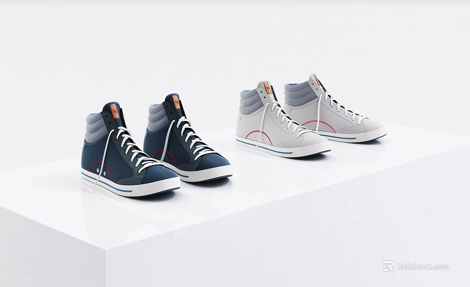 Dark Blue And Light Gray High Top Shoes With Minimalist Design And White Soles 3d model 