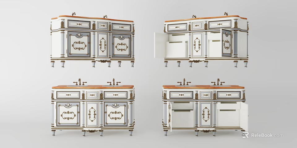 Elegant Classical Washbasin Cabinet With Carved Details Drawers And Double Sink 3d model 