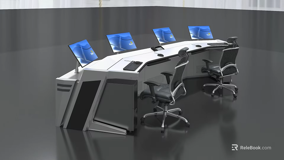 Modern Control Room Console With Multiple Monitors And Ergonomic Chairs 3d model