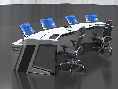 Modern Control Room Console With Multiple Monitors And Ergonomic Chairs 3d model