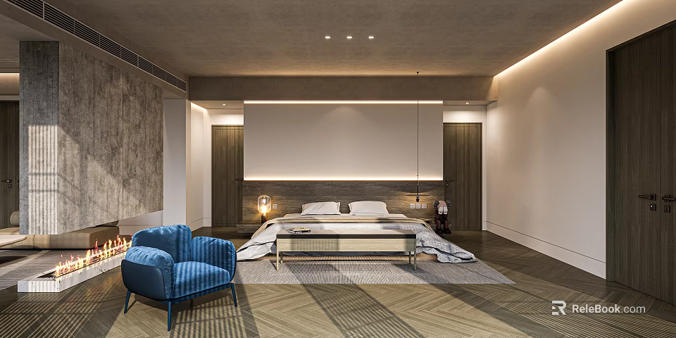 Modern Hotel Room Interior With Blue Armchair Queen Bed And Geometric Carpet 3d model 