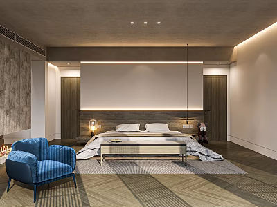Modern Hotel Room Interior With Blue Armchair Queen Bed And Geometric Carpet 3d model