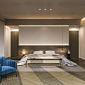 Modern Hotel Room Interior With Blue Armchair Queen Bed And Geometric Carpet