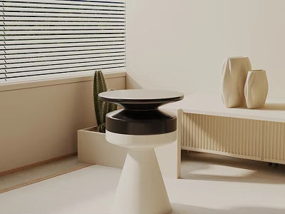 Modern Black And White Side Table With Round Top And Green Plant Near Vase 3d model