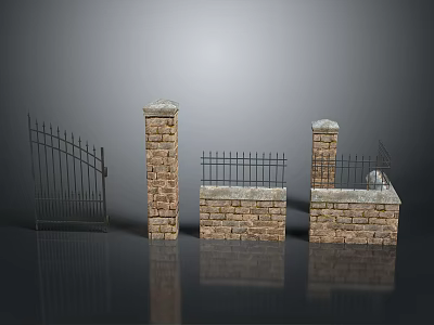 Iron Gate And Stone Pillars With Brick Fence Wall Structure Design 3d model