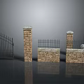 Iron Gate And Stone Pillars With Brick Fence Wall Structure Design
