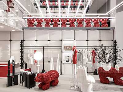 Modern Clothing Store Interior With Red Bear Sculptures White Clothes And Display Racks 3d model