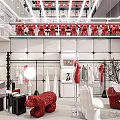 Modern Clothing Store Interior With Red Bear Sculptures White Clothes And Display Racks